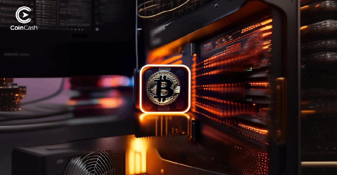 Egy BTC logós számítógép egy monitor mellett és egy pirosas fénnyel világító bányászgép mellett
